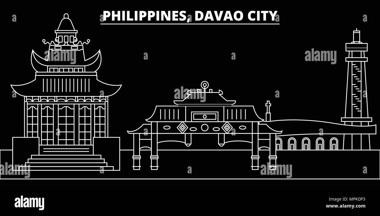 Davao City skyline silhouette. Philippines - La ville de Davao City, vecteur linéaire philippins de l'architecture. Davao City billet d'illustration, les grandes lignes de repère. Philippines Philippines télévision icônes, bannières en ligne Illustration de Vecteur