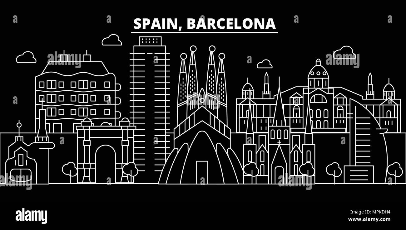 Barcelona City skyline silhouette. Espagne - Barcelone ville ville, vecteur linéaire espagnol architecture. La ville de Barcelone billet d'illustration, les grandes lignes de repère. Espagne télévision icônes, bannières en ligne espagnol Illustration de Vecteur