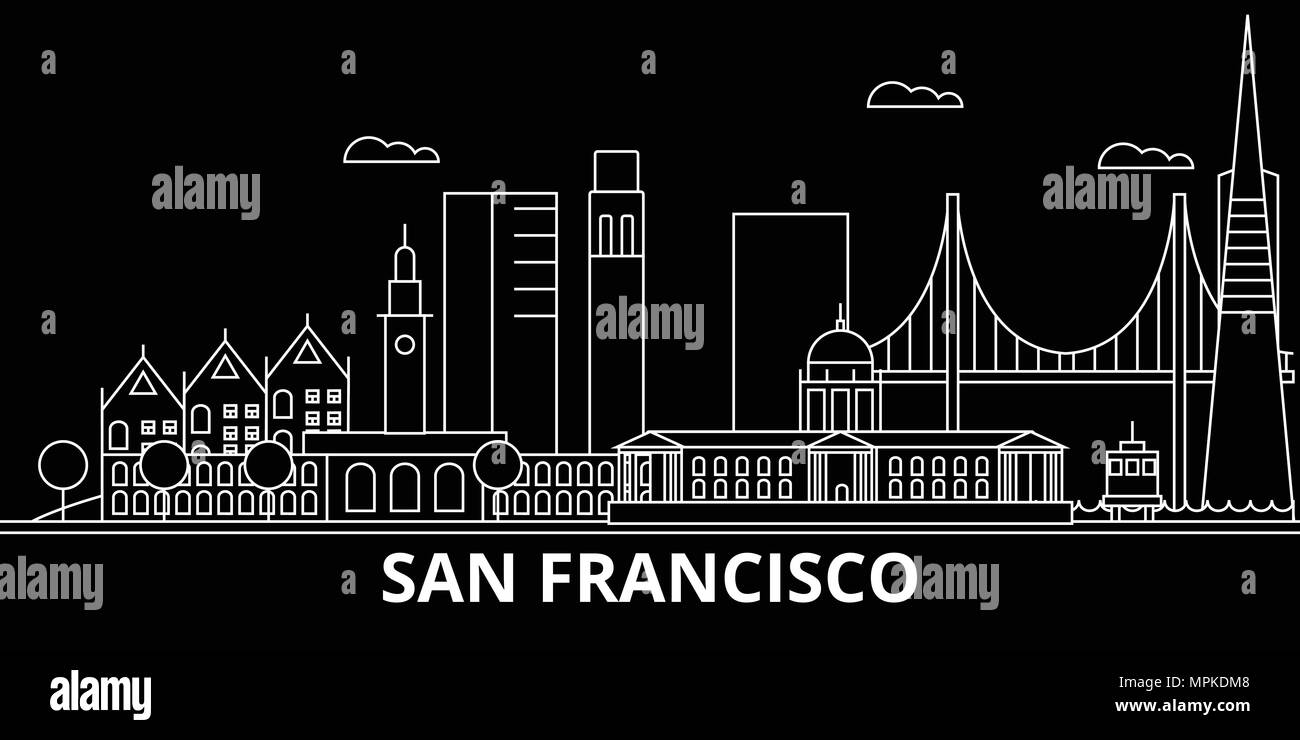San Francisco city skyline silhouette. USA - San Francisco, vecteur linéaire américain architecture. San Francisco city billet d'illustration, les grandes lignes de repère. USA télévision icônes, american line banner Illustration de Vecteur