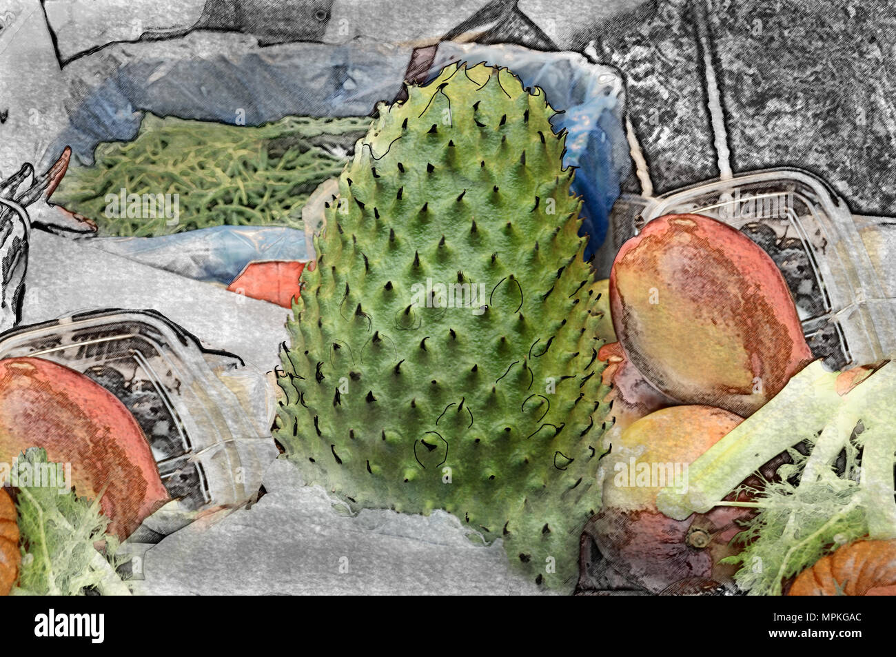 Vintage illustration de la Guanabana fruits exotiques sur le marché table sur un arrière-plan flou Banque D'Images
