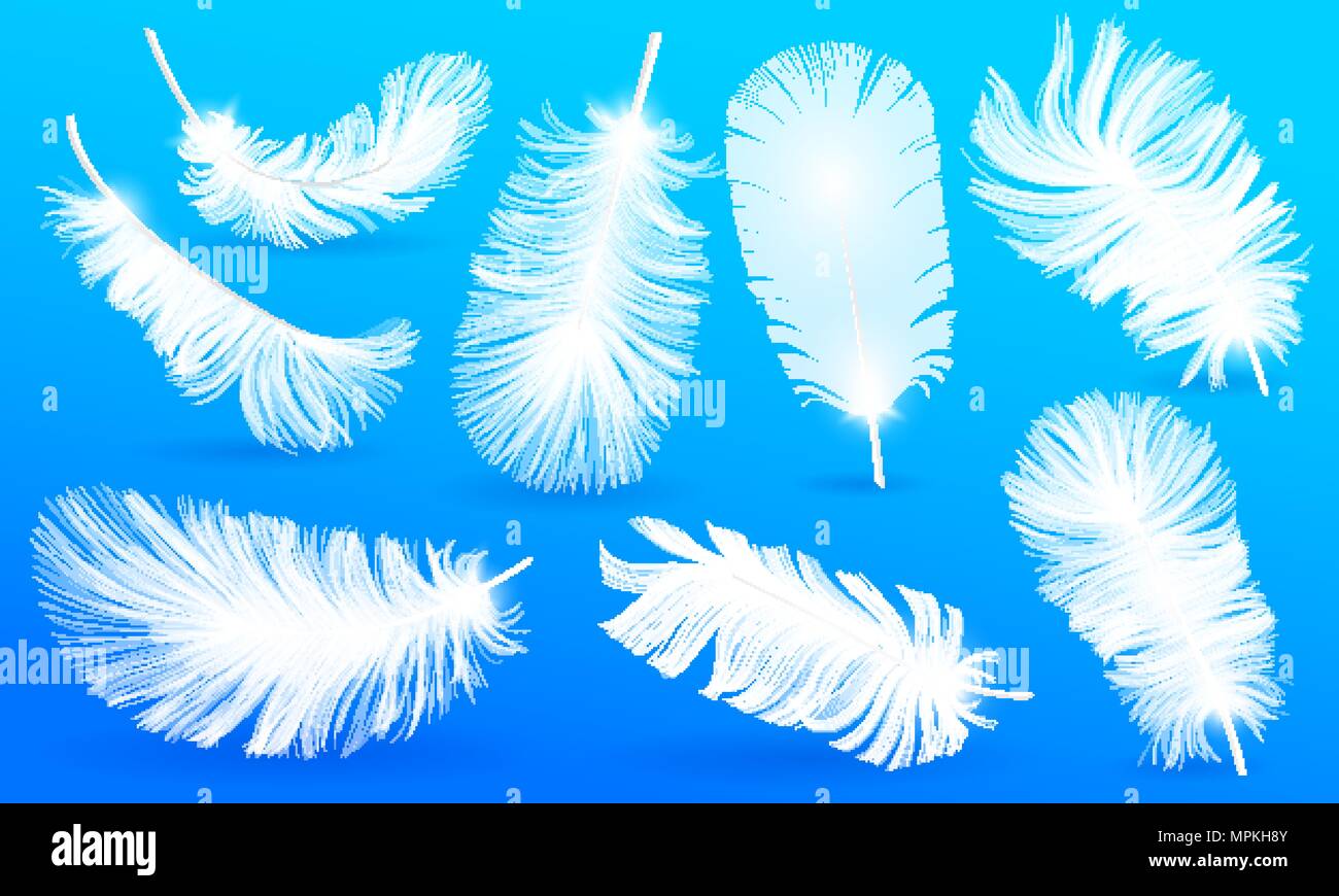 Plumes moelleuses réaliste. La chute de l'oiseau blanc plumage faisait tourner sur fond bleu pour les bannières, flyers, site web, affiche, carte. bas oreiller pour dormir. L'utilisation de fonds pour l'oreiller pour dormir Illustration de Vecteur