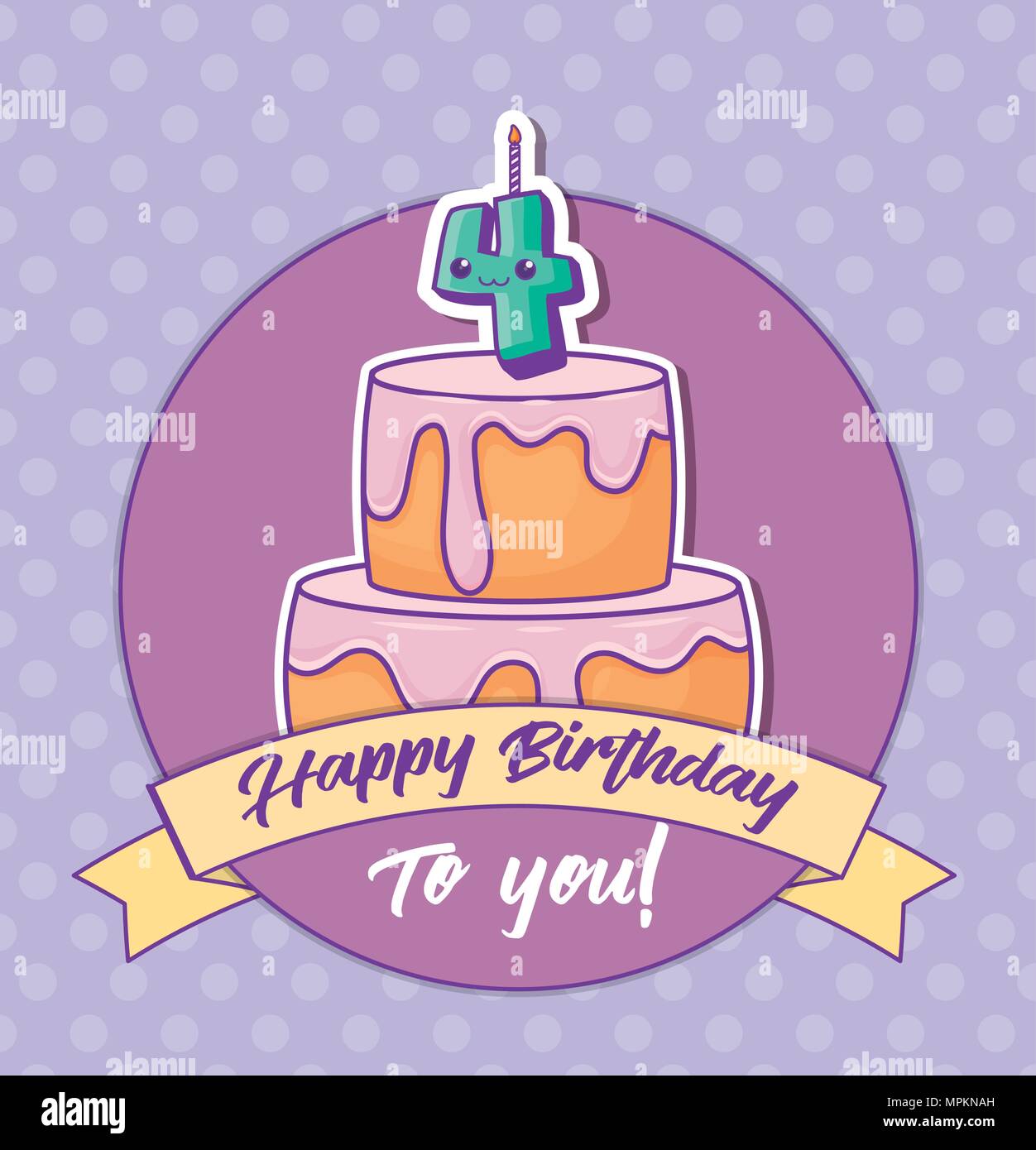 Joyeux Anniversaire Invitation Avec Gateau D Anniversaire Et Kawaii Numero 4 Bougie De Plus Fond Violet Design Colore Vector Illustration Image Vectorielle Stock Alamy