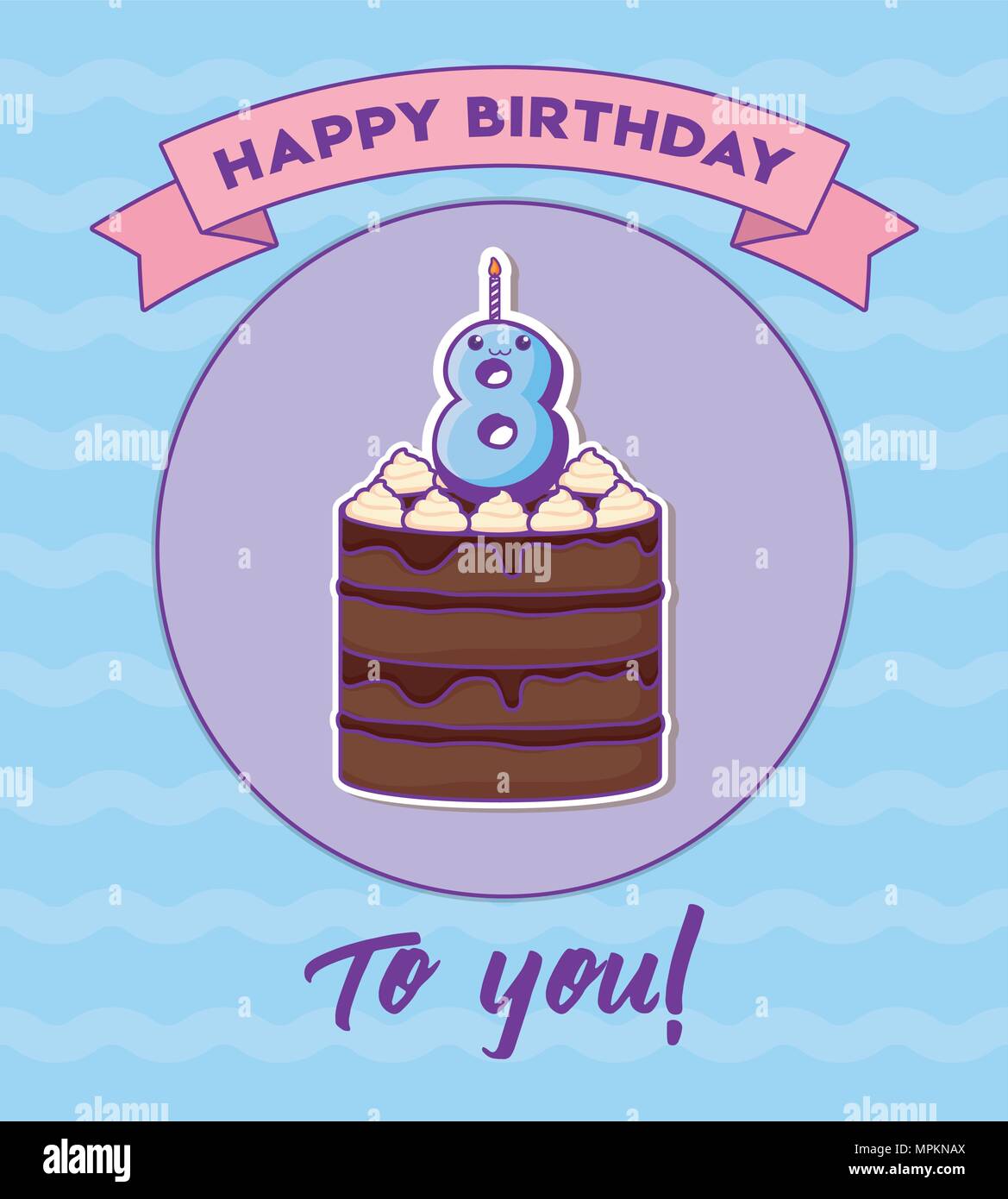 Joyeux Anniversaire Invitation Avec Gateau D Anniversaire Et Kawaii 8 Bougie Numero Sur Fond Bleu Design Colore Vector Illustration Image Vectorielle Stock Alamy