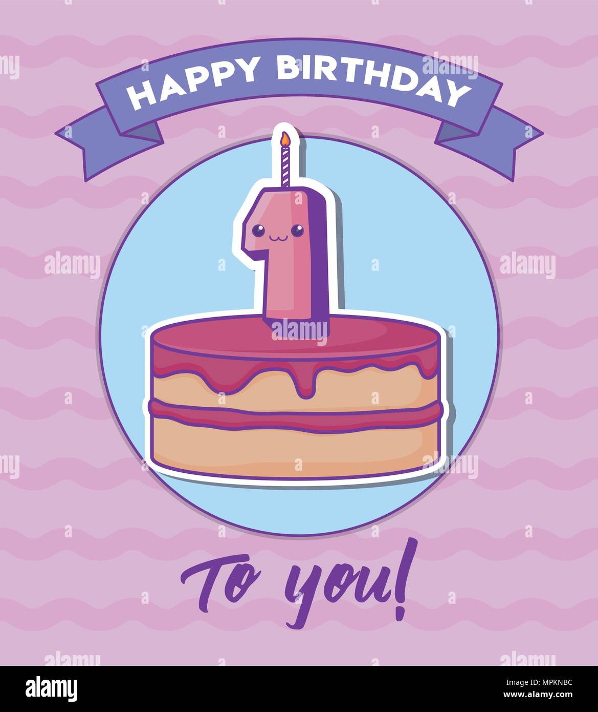 Joyeux Anniversaire Invitation Avec Gateau D Anniversaire Et Kawaii Numero 1 Bougie De Plus Fond Rose Design Colore Vector Illustration Image Vectorielle Stock Alamy