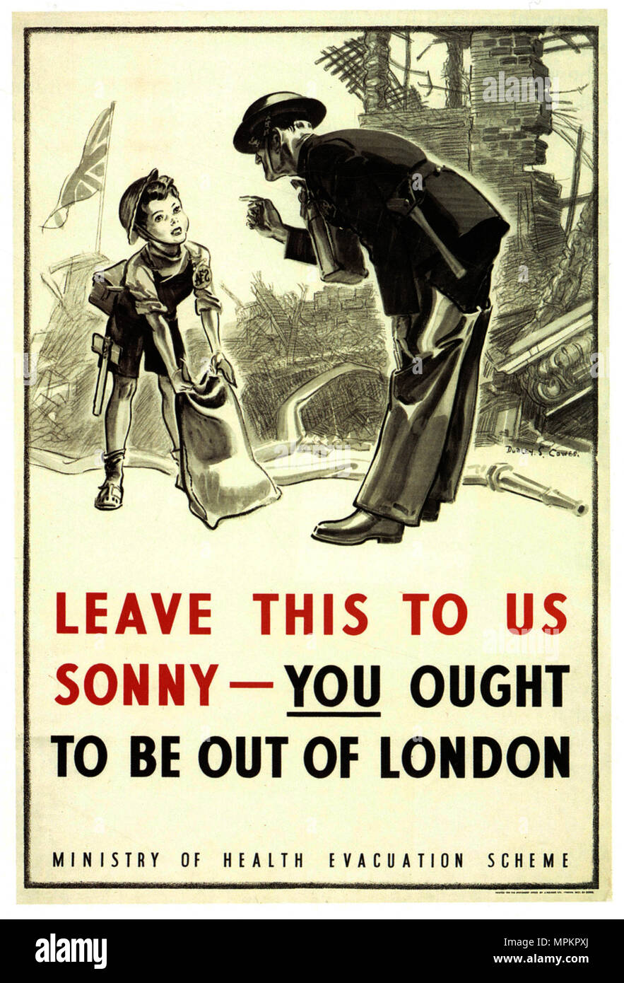 La Seconde Guerre mondiale affiche de propagande britannique Vintage - l'évacuation des enfants au cours de la blitz sur Londres Banque D'Images