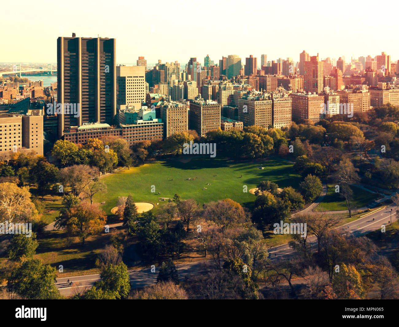 Cour de baseball Central Park avec de grands bâtiments en arrière-plan Banque D'Images