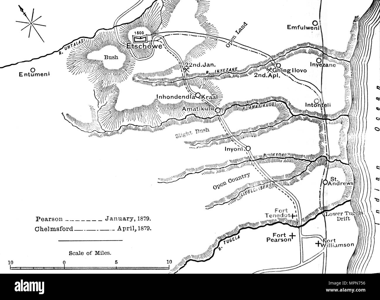 Le "Plan des Marches de Pearson (janv. 1879) et de Chelmsford (avril, 1879) pour Etschowe', c1880. Artiste : Inconnu. Banque D'Images