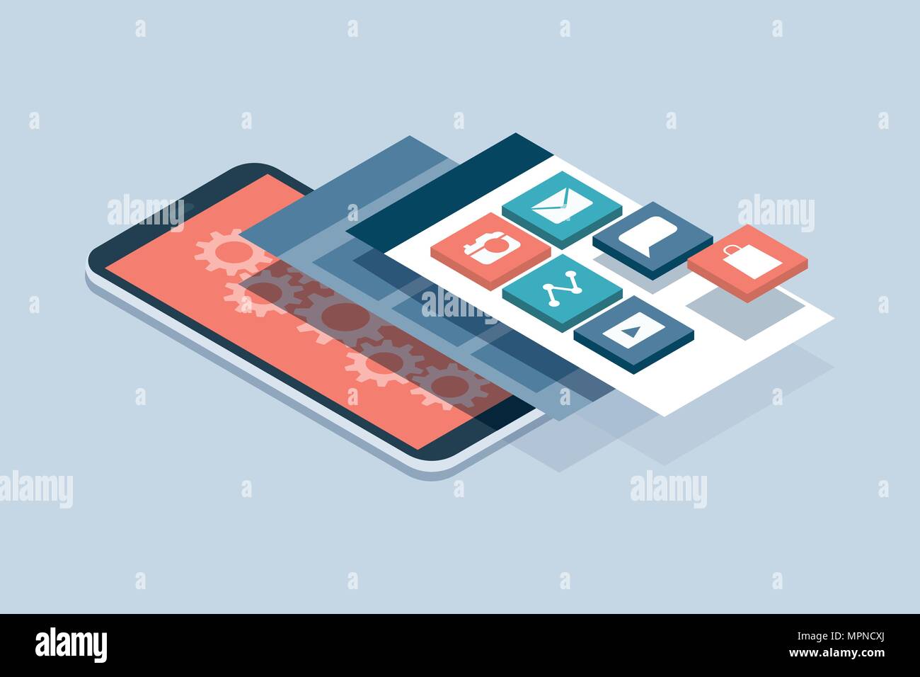 Développement d'applications et web design : des interfaces utilisateur en couches et écrans sur un smartphone à écran tactile Illustration de Vecteur