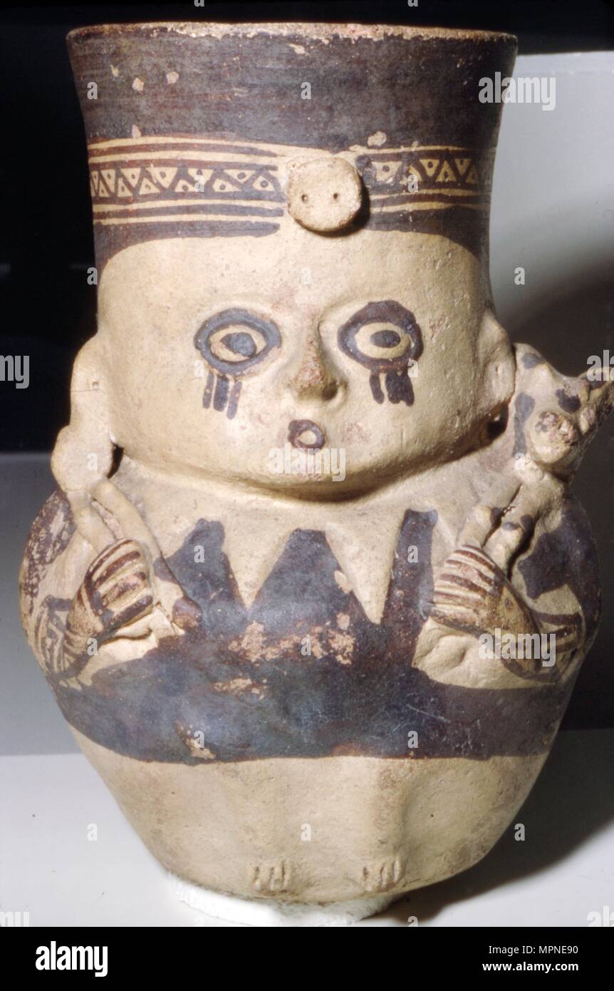 Homme portant un Llama, vase poterie peinte, Chancay, Pérou, 1000-1470. Artiste : Inconnu. Banque D'Images