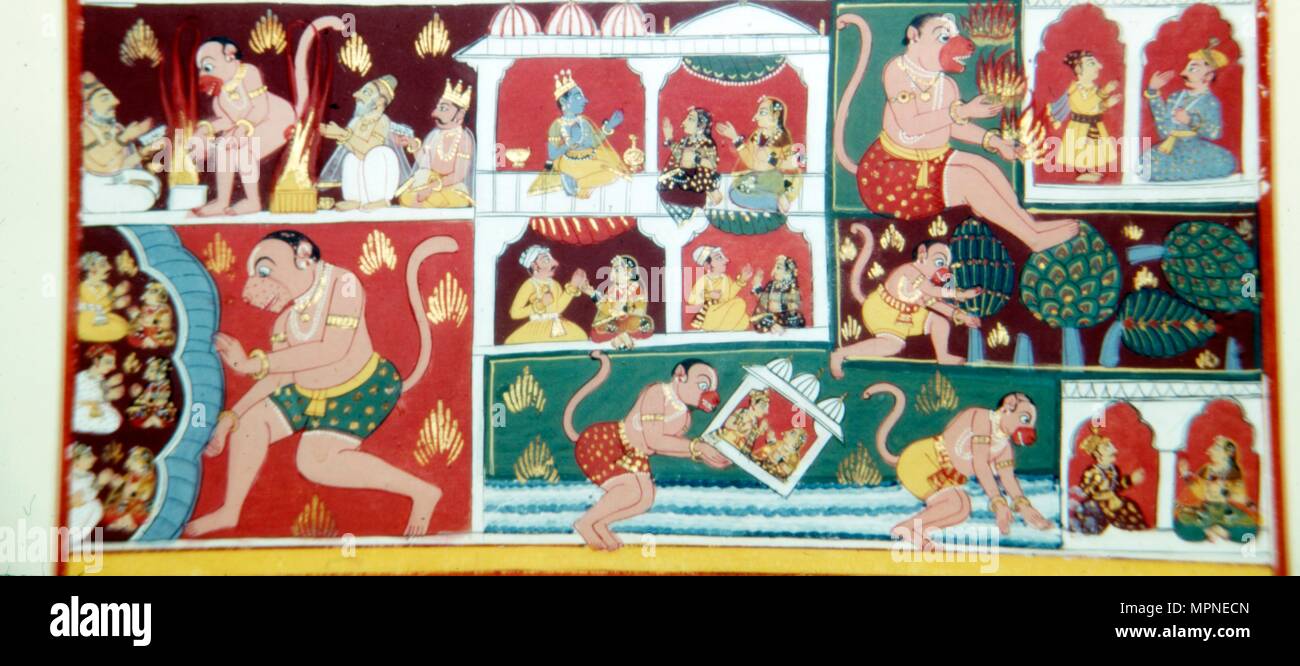 Hanuman, le Monkey-Demon, causant des méfaits chez les hommes, c1730. Artiste : Inconnu. Banque D'Images