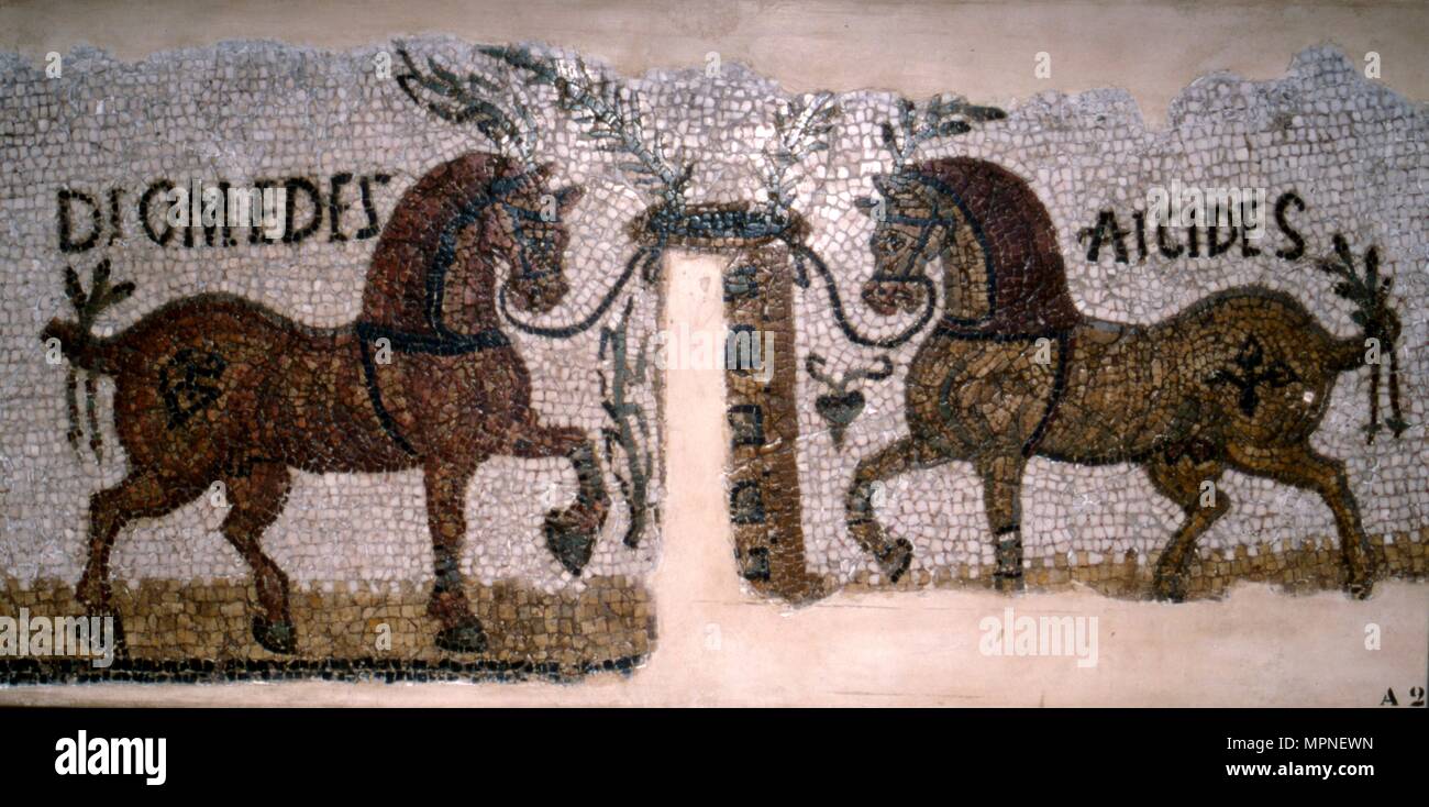 Mosaïque romaine de chevaux, et Diomeder Aicides, 2ème-3ème siècle. Artiste : Inconnu. Banque D'Images