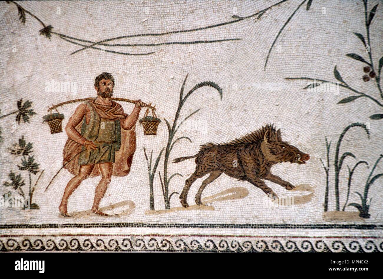 Mosaïque romaine de l'homme et le sanglier, c2e, 3e siècle. Artiste : Inconnu. Banque D'Images