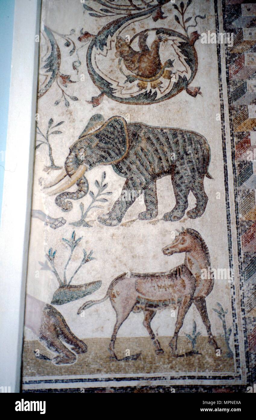 Mosaïque romaine de l'éléphant, le cheval et l'ours, le c2e-3ème siècle : Artiste inconnu. Banque D'Images