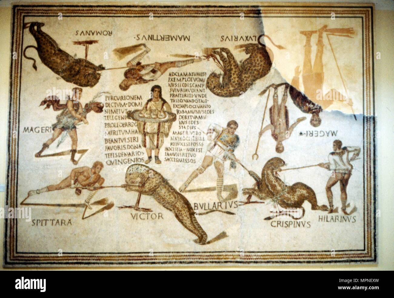 Troupe Telegenic tuer léopards au 'Spectacle', mosaïque romaine de Moknine, 3e siècle. Artiste : Inconnu. Banque D'Images