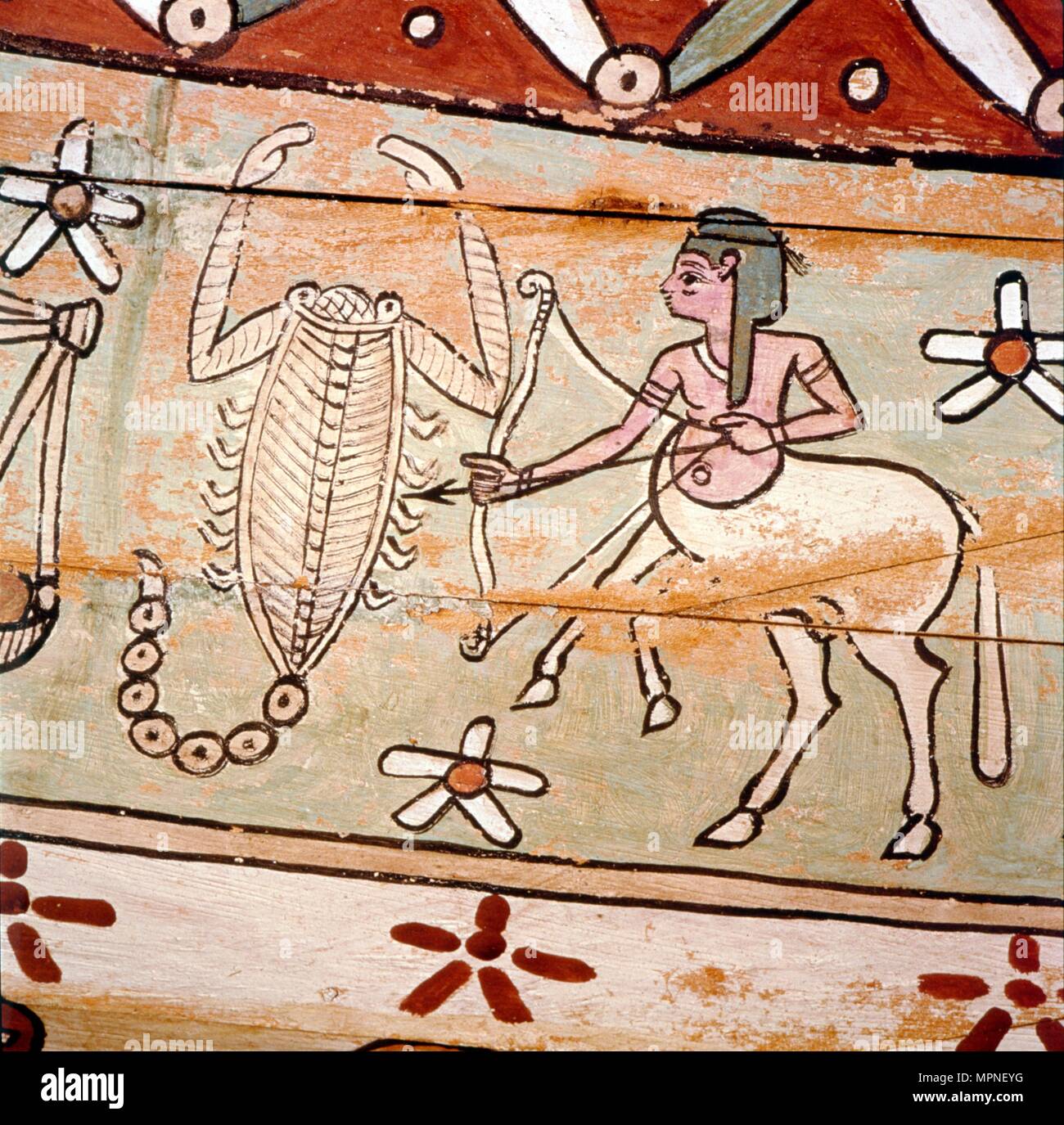 Détail de cercueil égyptien Signes du zodiaque le Scorpion et le Sagittaire, 2e siècle. Artiste : Inconnu. Banque D'Images