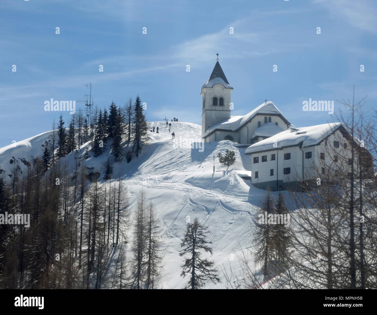 Montagne Lussari, UD, Italie - 1 Avril 2018 : Ancien Sanctuaire avec snow Banque D'Images