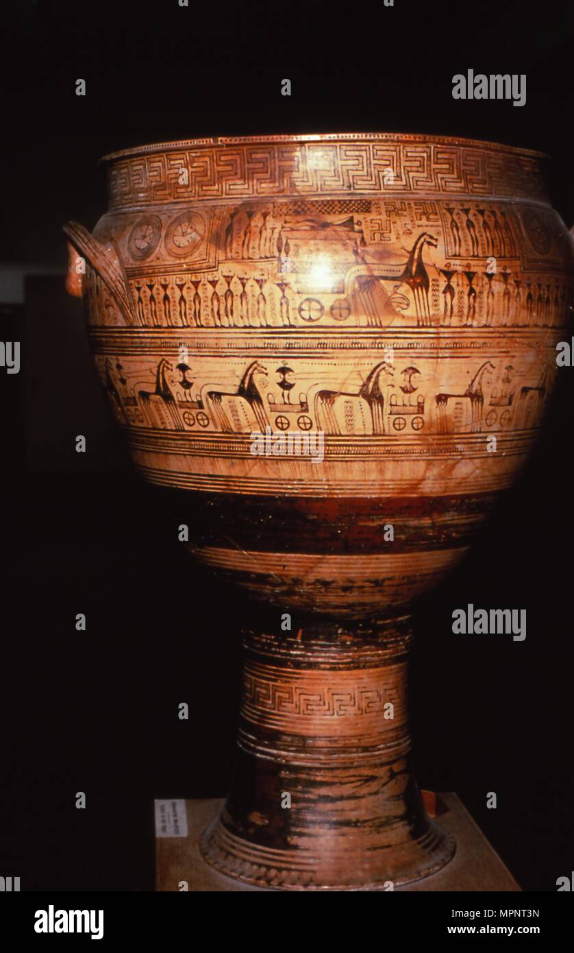 Vase en terre cuite, géométrique, scène funéraire c8e siècle avant J.-C.. Artiste : Maître Dipylon. Banque D'Images