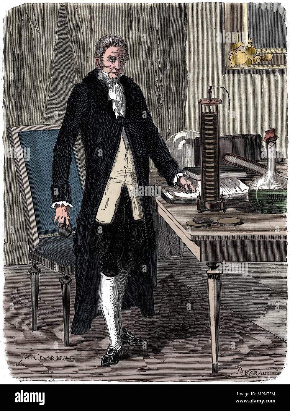 Alessandro Volta, physicien italien, démontrant sa pile électrique (batterie), c1800 (C1870). Artiste : Inconnu. Banque D'Images