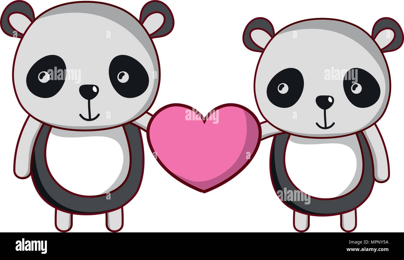 Panda mignon couple avec cœur dans leurs mains Illustration de Vecteur