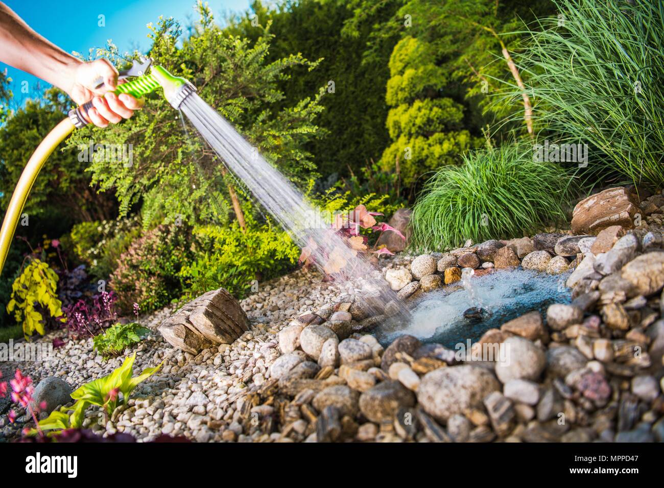 Prendre soin du jardin Petit étang de remplissage avec l'eau. Banque D'Images