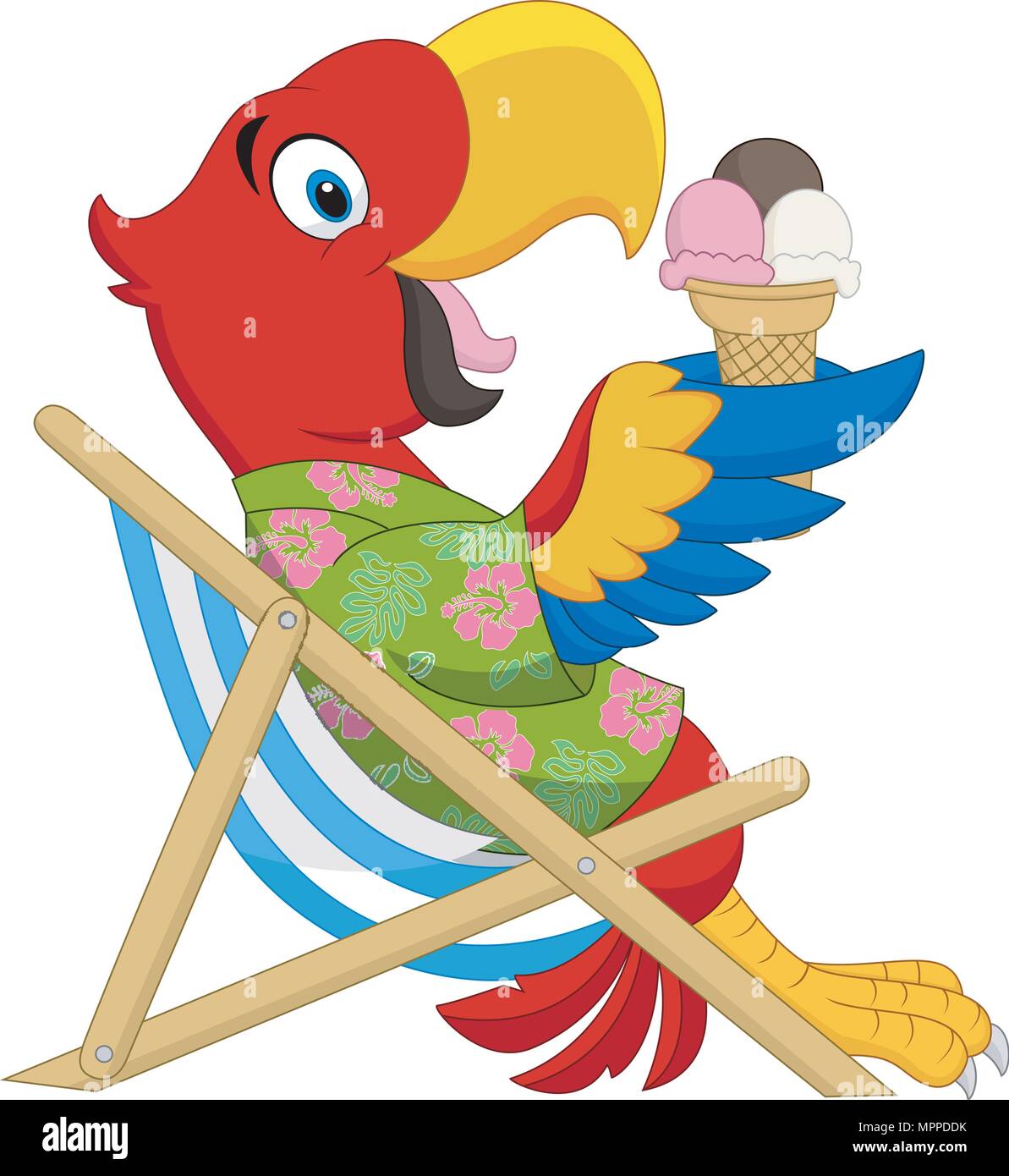 Cartoon macaw assis sur chaise de plage et de manger une glace Illustration de Vecteur