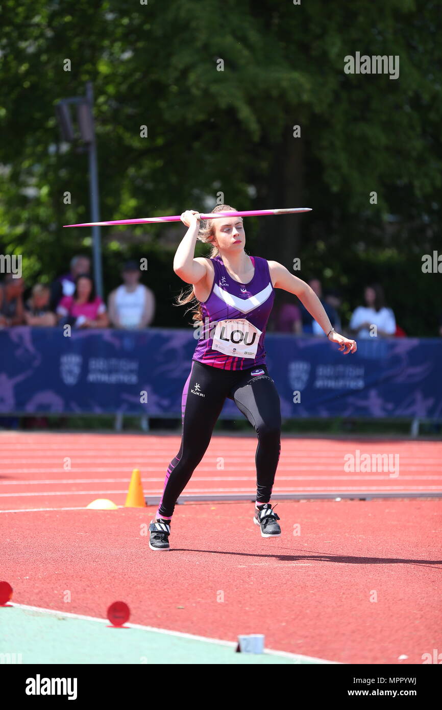 Hyeres, France, le 20 mai, 2018. Emma Hamplett la concurrence sur le javelot femmes pendant la LIA international annuel d'athlétisme de Loughborough moi Banque D'Images