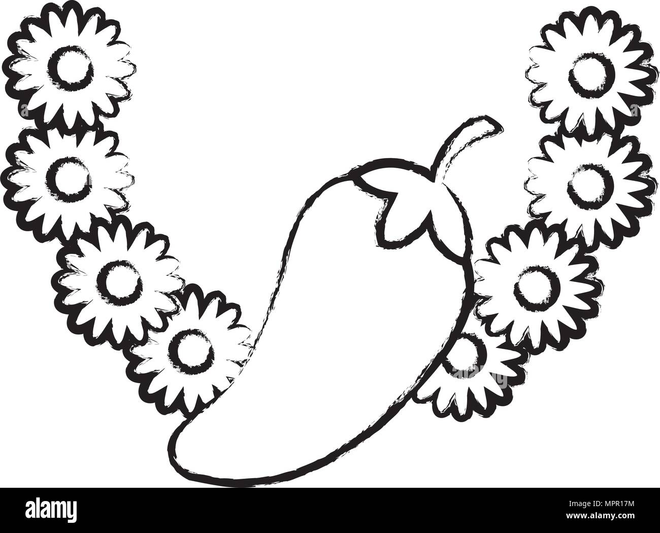 Gerbe de fleurs décoratives avec l'icône de poivron rouge sur fond blanc, vector illustration Illustration de Vecteur