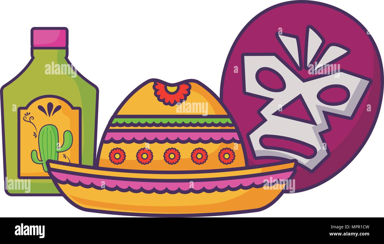 Masque de catcheur mexicain avec chapeau et bouteille de tequila sur fond blanc, design coloré. vector illustration Illustration de Vecteur