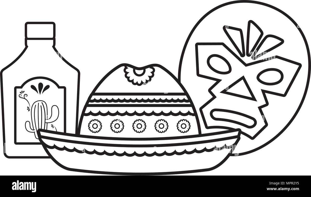 Masque de catcheur mexicain avec chapeau et bouteille de tequila sur fond blanc, vector illustration Illustration de Vecteur