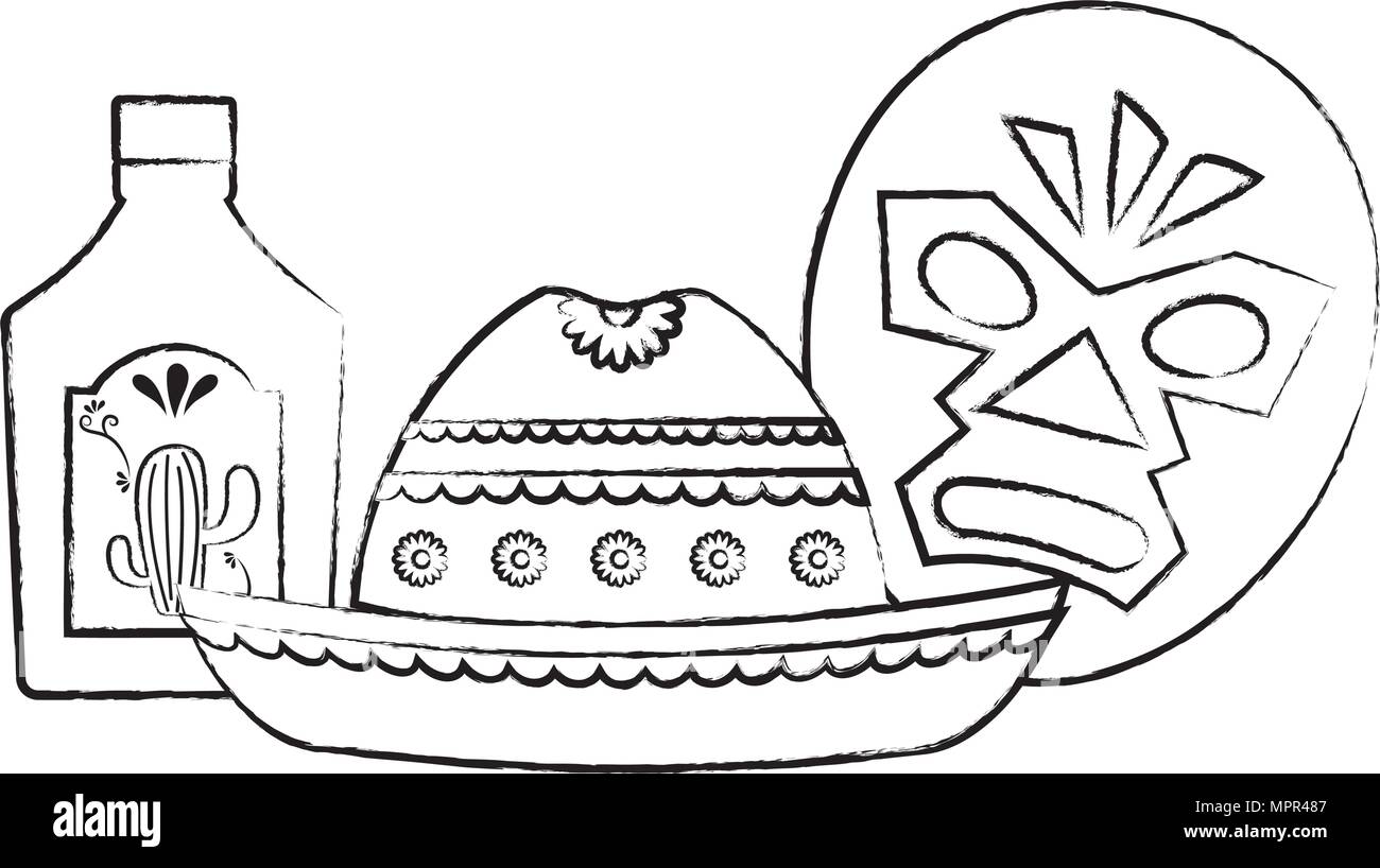 Masque de catcheur mexicain avec chapeau et bouteille de tequila sur fond blanc, vector illustration Illustration de Vecteur