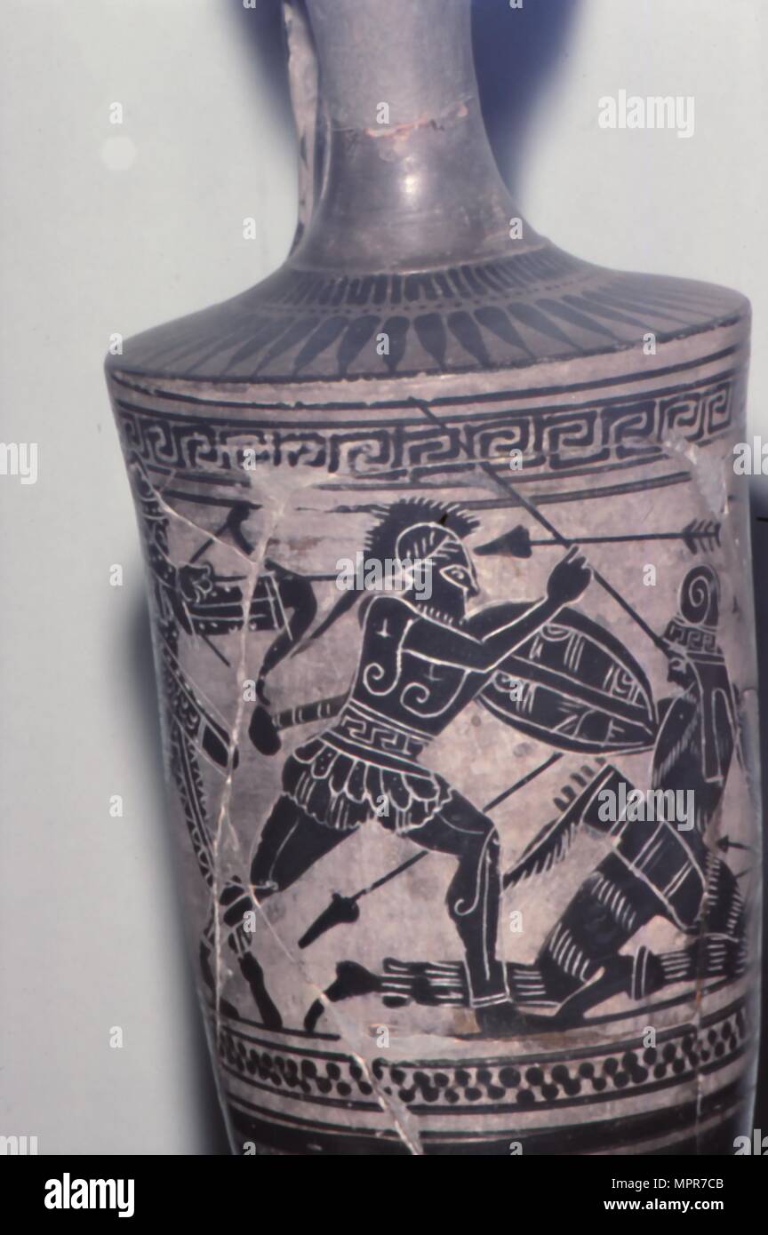 Vase grec Peinture, Hoplite Fighta, Scythe c6e siècle avant J.-C.. Banque D'Images