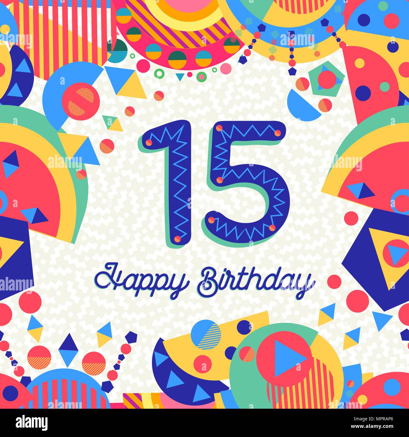 Joyeux anniversaire 15 ans 15 design amusant avec étiquette de texte, nombre et une décoration colorée. Idéal pour les fêtes d'invitation ou carte de vœux. Vecteur EPS10. Illustration de Vecteur