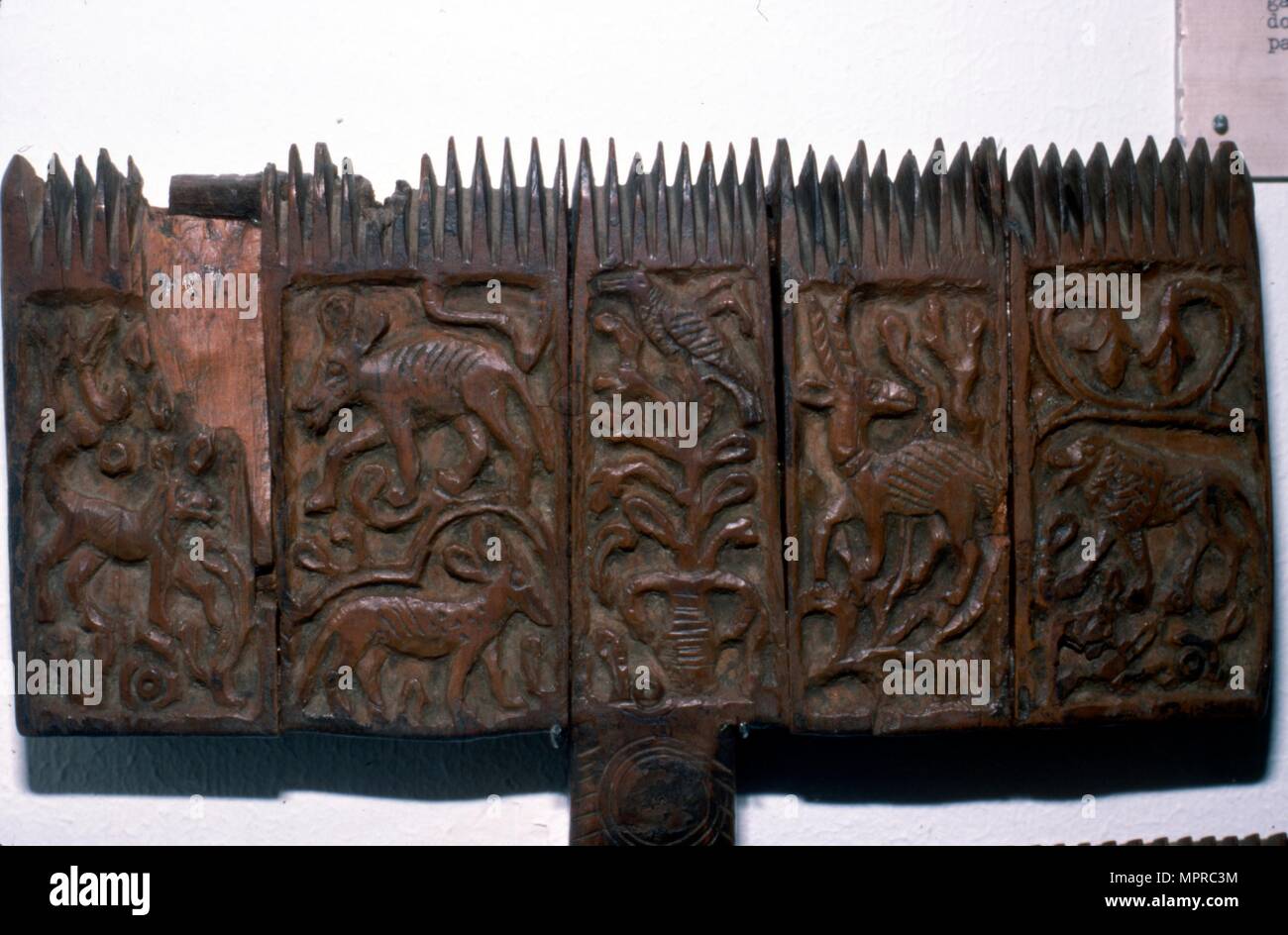 Sculpture sur bois copte avec les animaux, 6ème-7ème siècle. Artiste : Inconnu. Banque D'Images