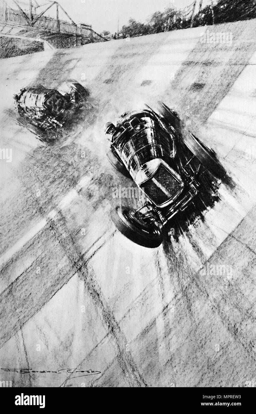 'Whitney Straight (Maserati) au pont tourner à des membres, Brooklands, 1933, (1937). Artiste : Gordon Crosby. Banque D'Images