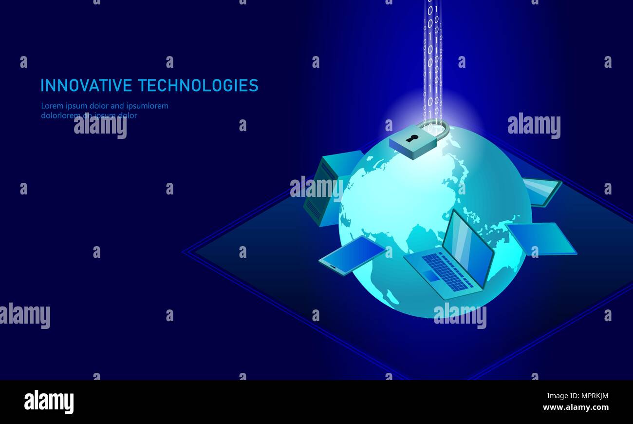 Verrou de sécurité internet isométrique concept d'entreprise. Rougeoyant bleu connexion de données d'information personnelle isométrique smartphone pc technologie de l'avenir. Vector illustration infographie 3D Illustration de Vecteur