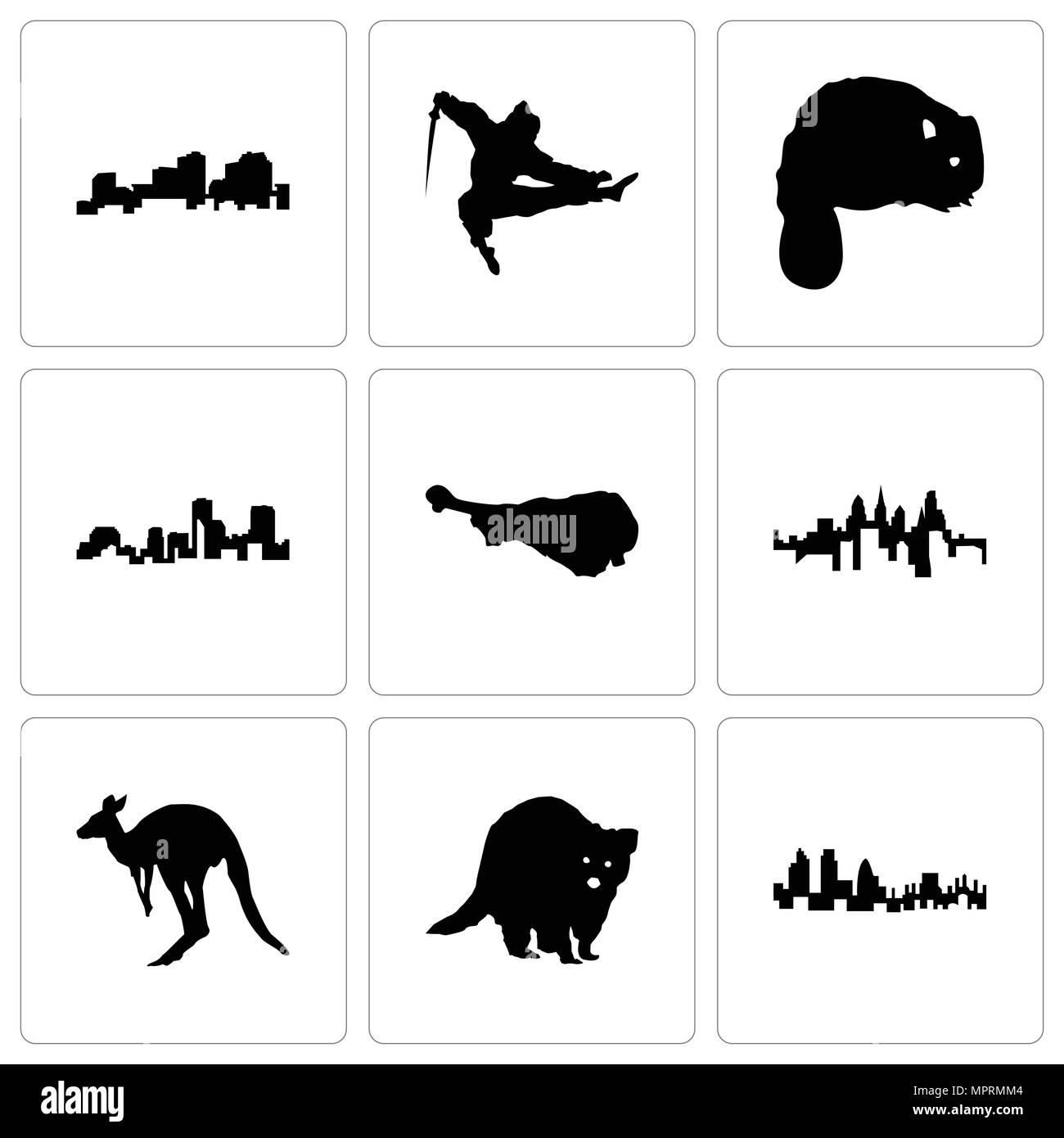 Ensemble de 9 icônes modifiable simple comme Londres, le raton laveur, le kangourou, Pennsylvania State, cuisse de dinde, en Louisiane, le castor, ninja, peut être utilisé pour le mobile, nous Illustration de Vecteur
