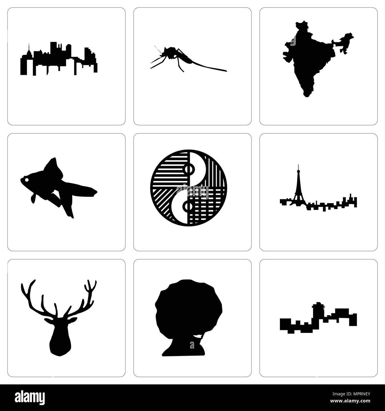 Ensemble de 9 icônes modifiable simple comme montana, afro, elk head, Paris, Yin Yang, les poissons rouges, l'Inde, Mosquito, Pennsylvania State, peut être utilisé pour mobile Illustration de Vecteur