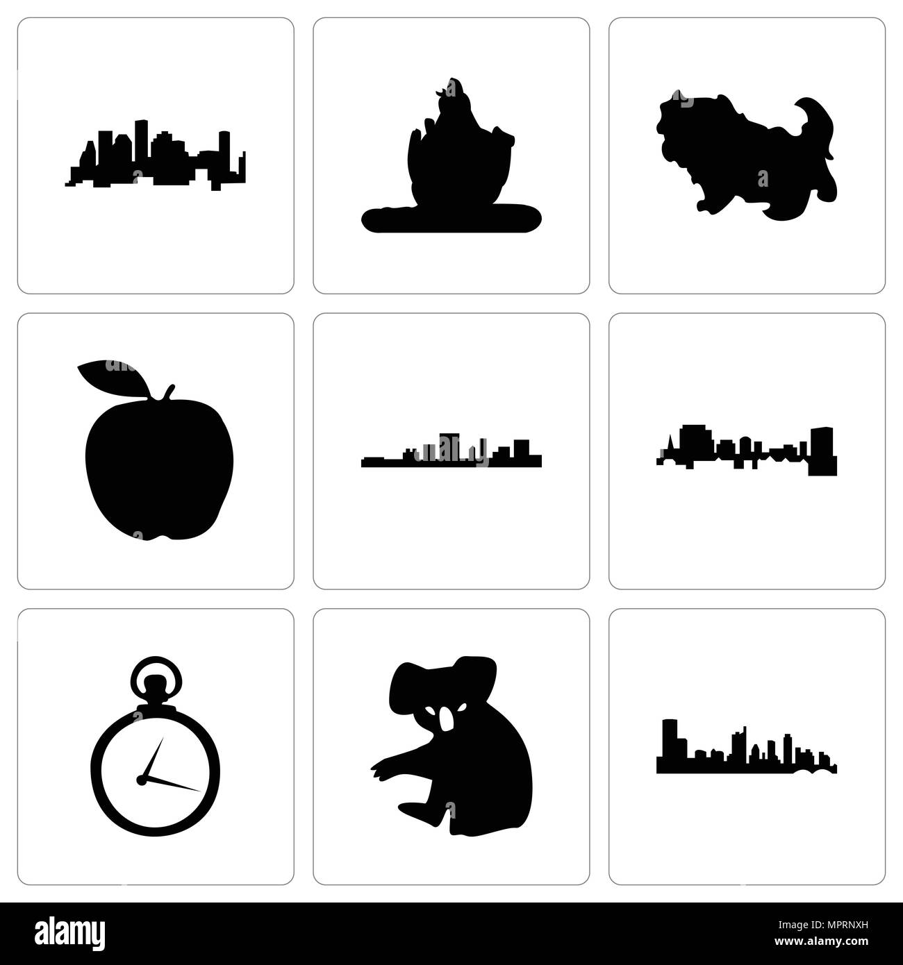 Ensemble de 9 icônes modifiable simple comme austin, koala, montre de poche, Caroline du Sud, apple, shih tzu, le Seigneur Shiva, Houston, peut être utilisé pour le mobile, web Illustration de Vecteur