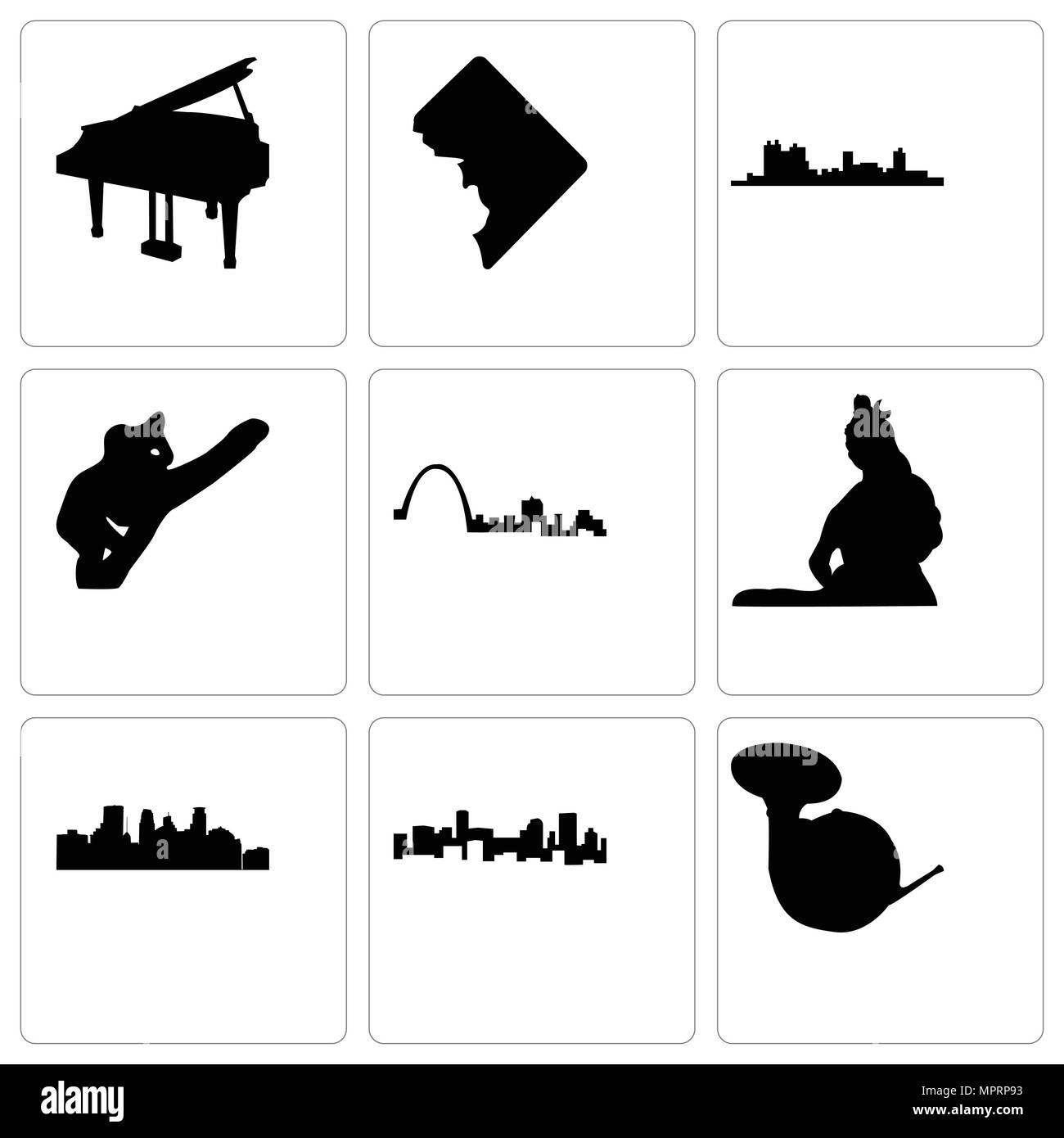 Ensemble de 9 icônes modifiable simple comme cor français, Denver, Minneapolis, le Seigneur Shiva, St louis, koala, Fort Worth, dc, grand piano, peut être utilisé pour mob Illustration de Vecteur