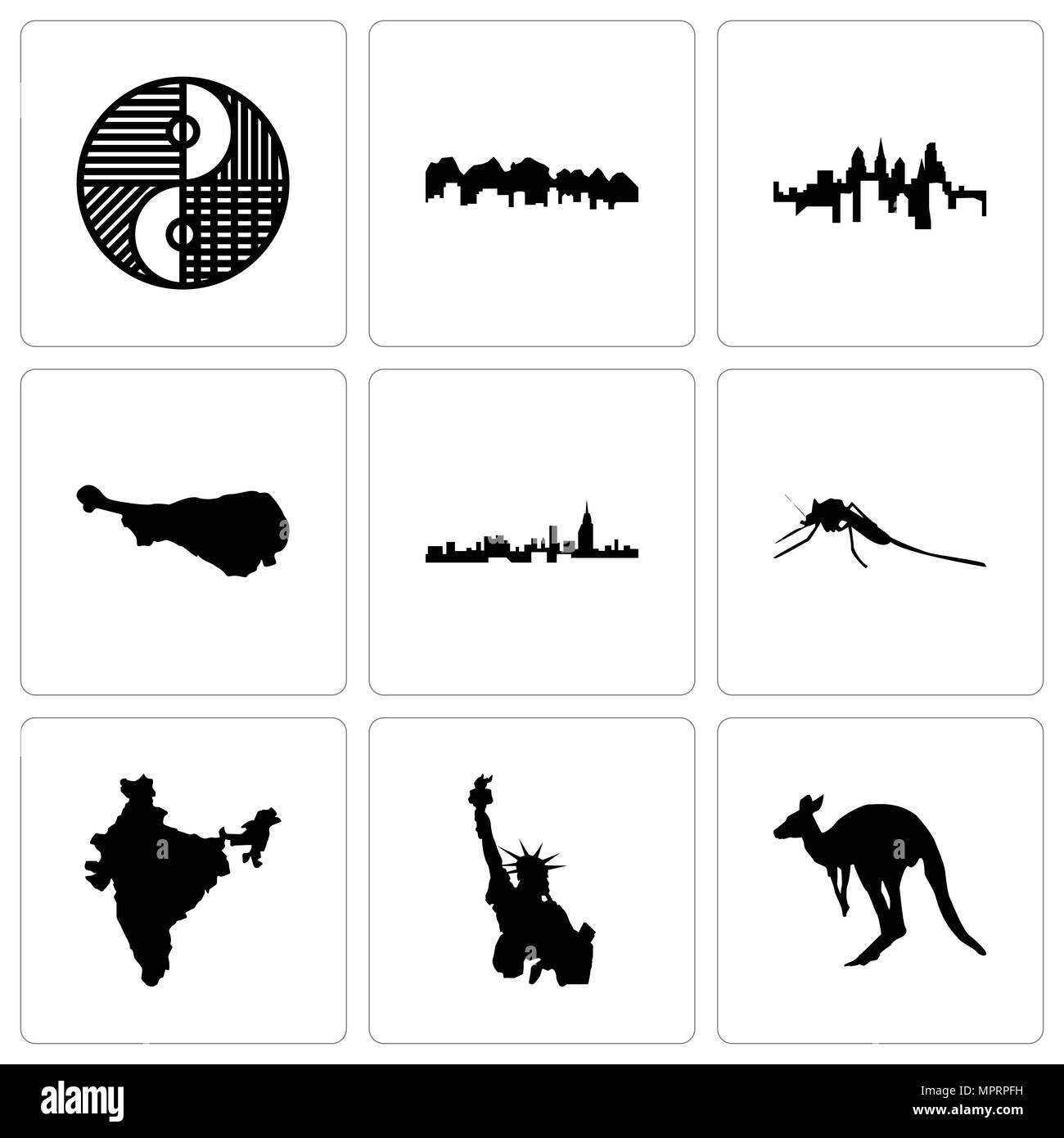 Ensemble de 9 icônes modifiable simple comme le kangourou, statue de la liberté, de l'Inde, Mosquito, Alabama, cuisse de dinde, Pennsylvania State, Utah, Yin Yang, peut être u Illustration de Vecteur