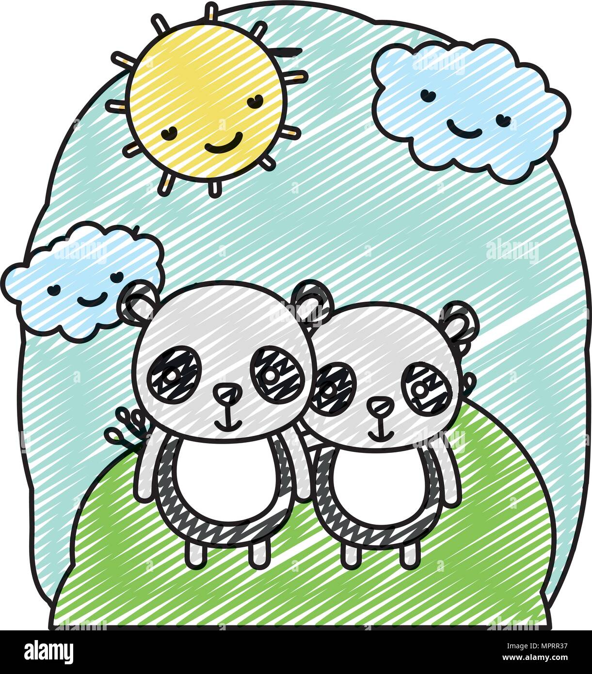 Couple doodle ensemble panda animal dans le paysage Illustration de Vecteur