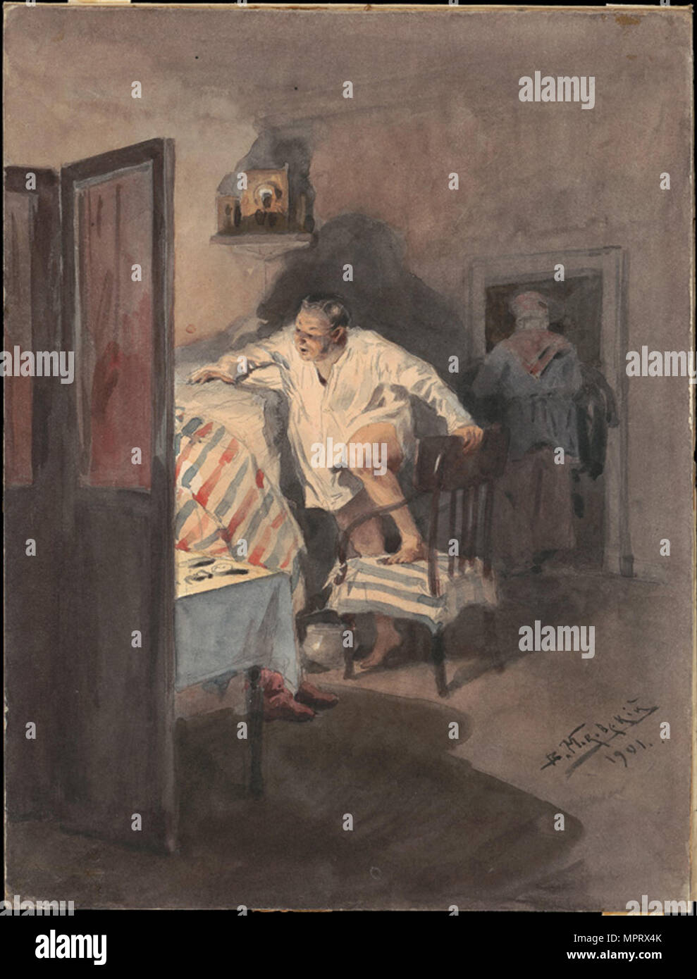 Chichikov à la maison des Korobochka. Illustration pour le roman Les Âmes mortes par N. Gogol. Banque D'Images