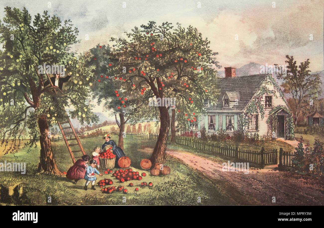 American Homestead - Automne, pub. 1869, Currier & Ives (Couleur) Banque D'Images