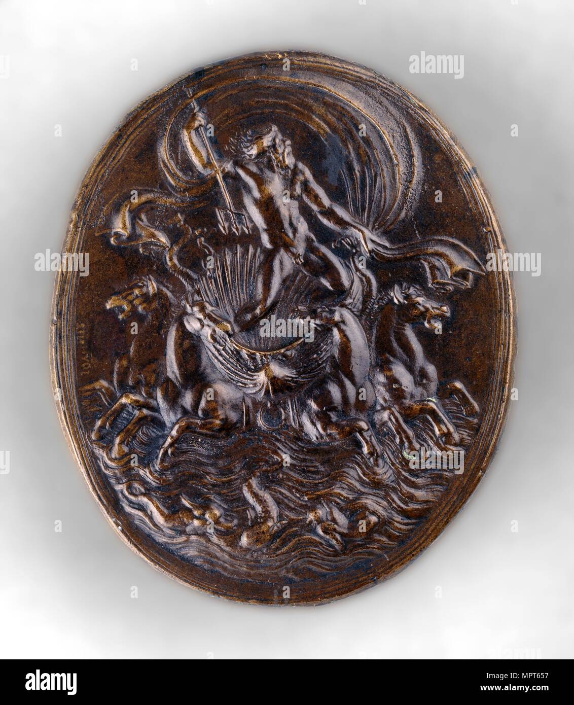 Neptune sur son char, contreparties adéquates (EGO), c1530-1540. Artiste : Giovanni Bernardi da Castelbolognese. Banque D'Images