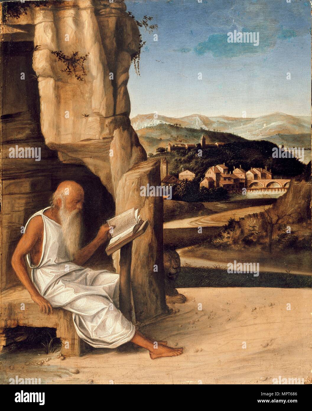 Saint Jérôme lisant dans un paysage, fin du 15e siècle. Artiste : Inconnu. Banque D'Images