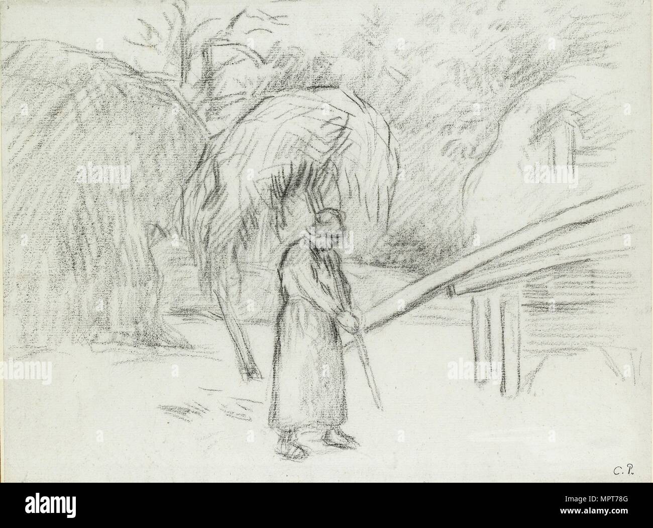 Étude d'un paysan femelle portant une charge de foin dans la basse-cour à Foucault, c1875. Artiste : Camille Pissarro. Banque D'Images