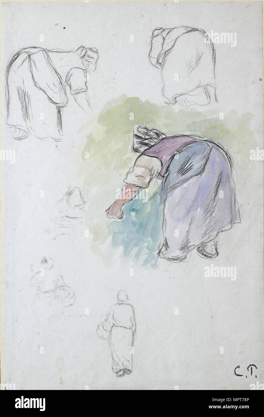 Feuille d'études : quatre études d'une paysanne femelle, et deux études d'une femme tenant un bas Artiste : Camille Pissarro. Banque D'Images
