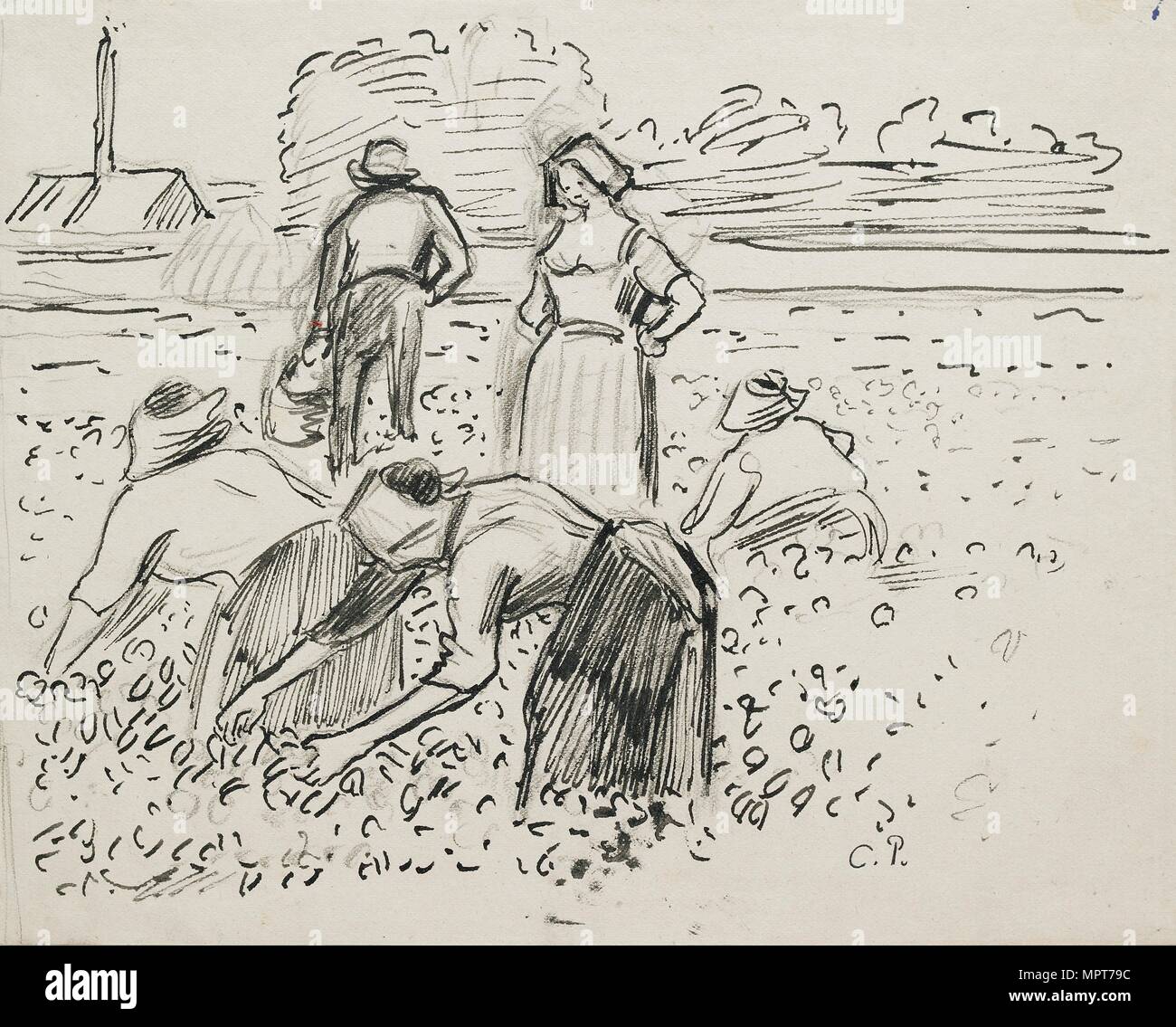 Étude de cinq figures paysannes travaillant dans un champ, 1887. Artiste : Camille Pissarro. Banque D'Images