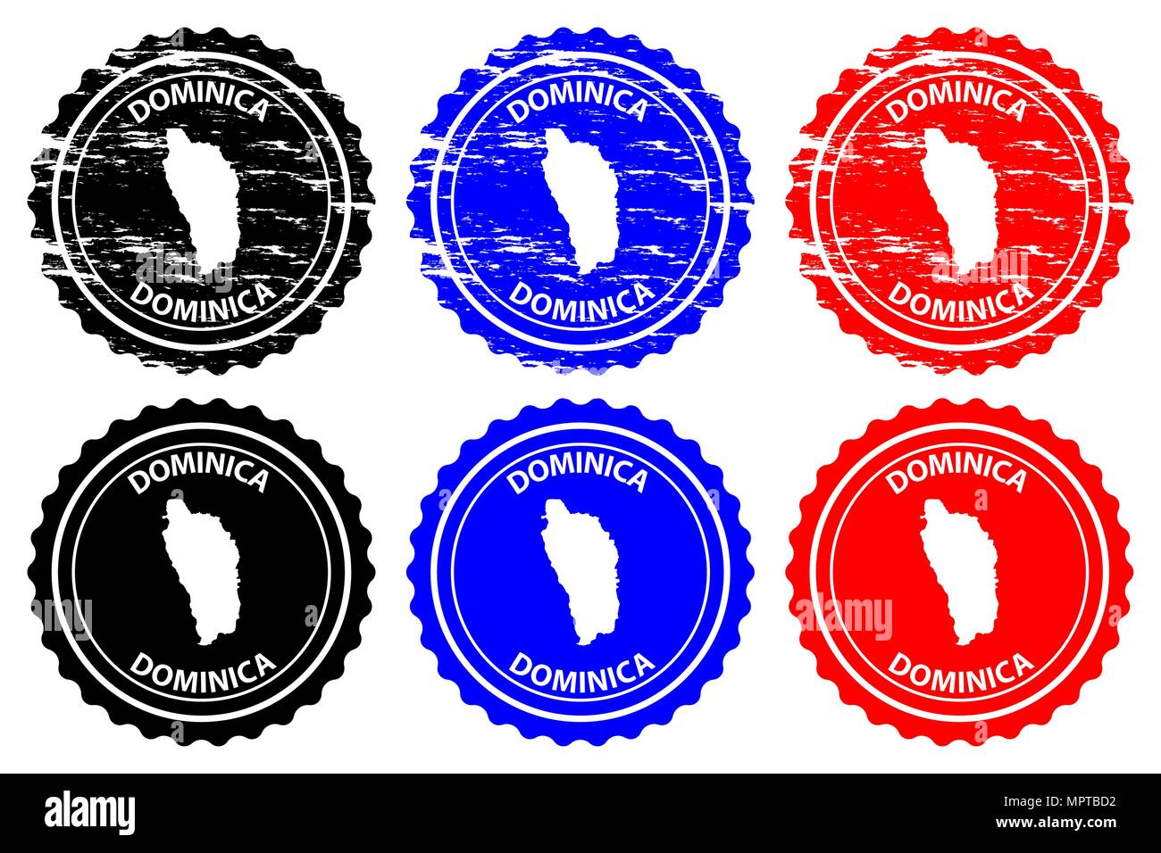 Dominique - timbres en caoutchouc - vecteur, Commonwealth de Dominique site pattern - sticker - noir, bleu et rouge Illustration de Vecteur