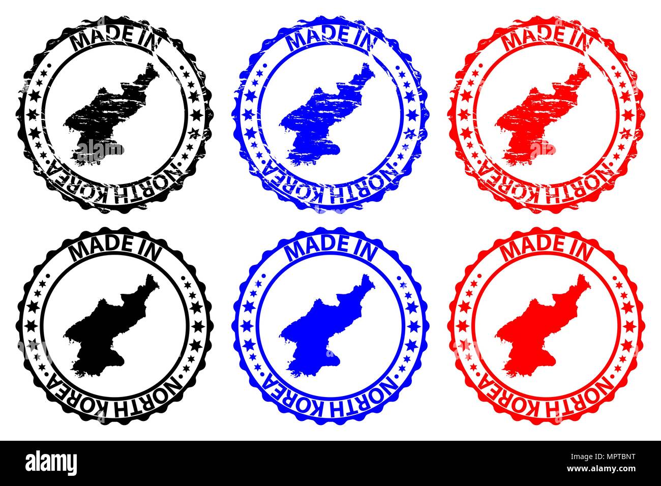 Faites en Corée du Nord - timbres en caoutchouc - vecteur, République populaire démocratique de Corée (RPDC) Carte - noir, bleu et rouge Illustration de Vecteur